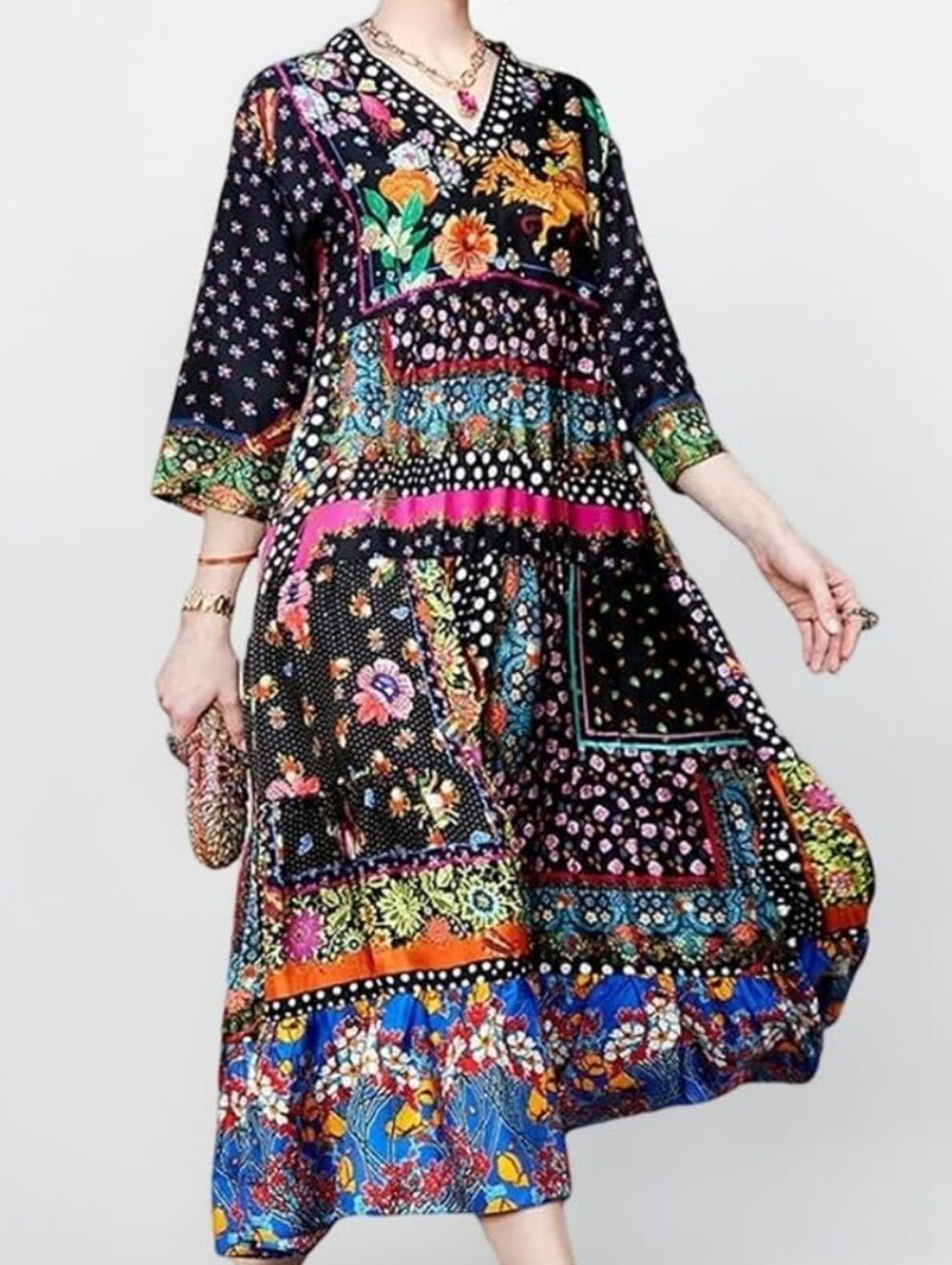 Bohemian Floral Patchwork Midi Dress - Black Multicolor